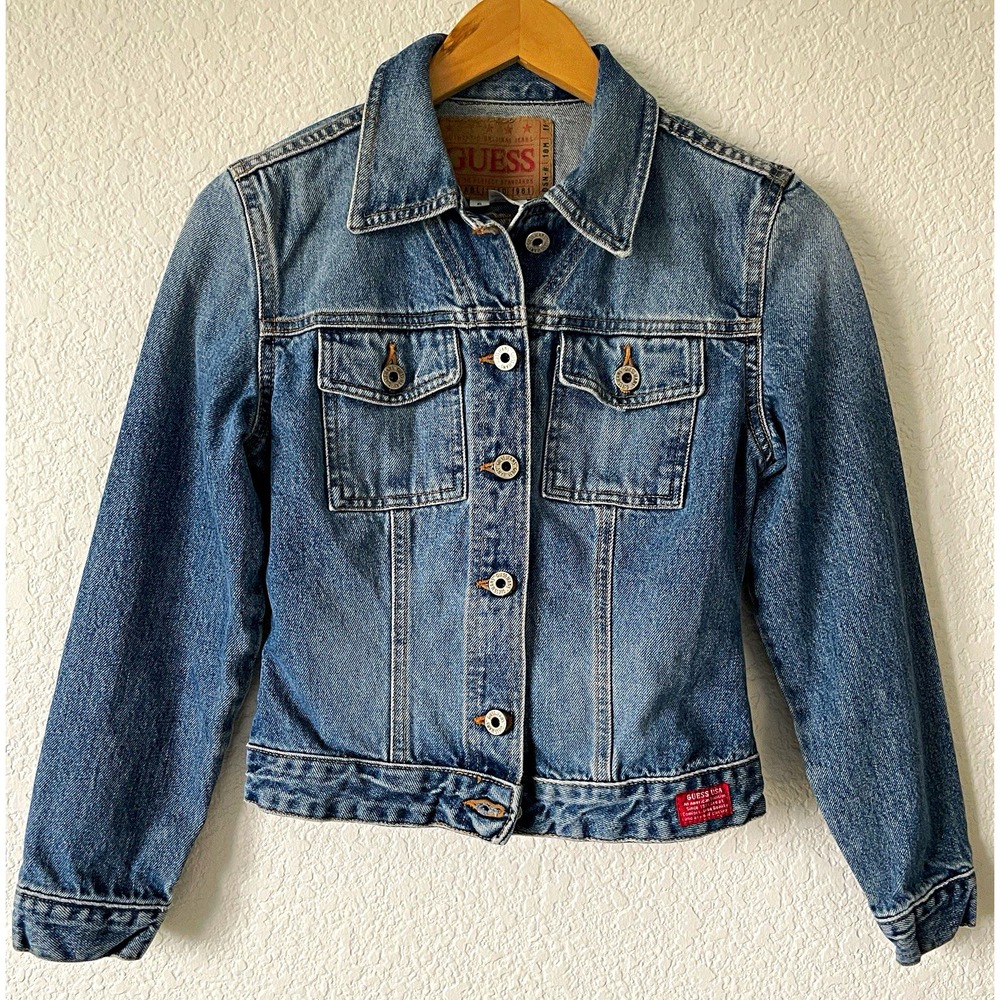 Guess USA 90's Womens S Trucker Jean Jacket Dark Wash Tailored Distressed